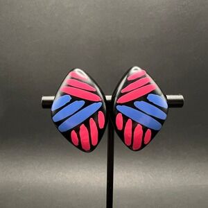 Vintage 80s Clip On Earrings Black Resin Pink Blue Abstract Geometric